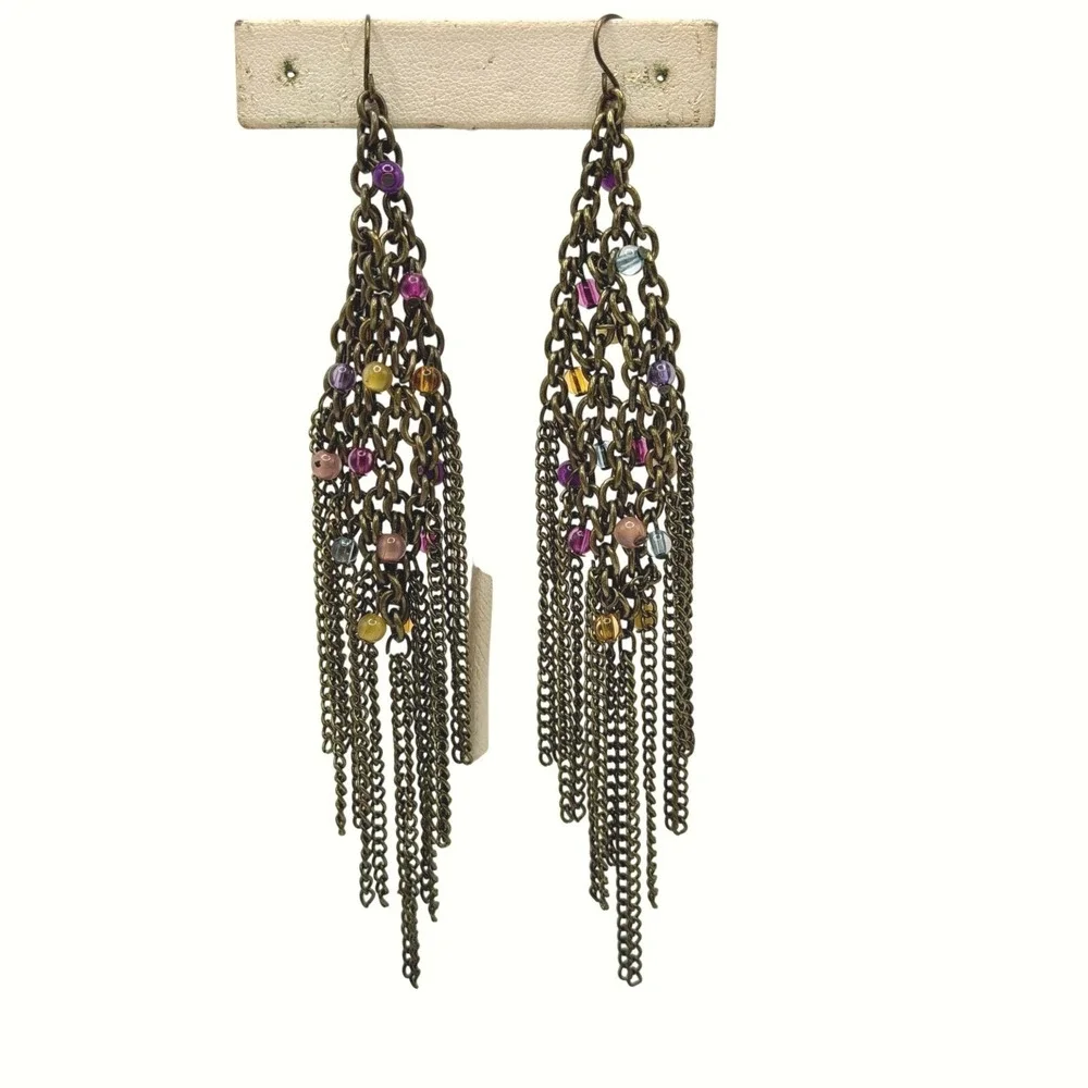 Antique Brass Tone Multi Color Bead Chain Tassel Chandelier Earrings‎ Boho 4.5